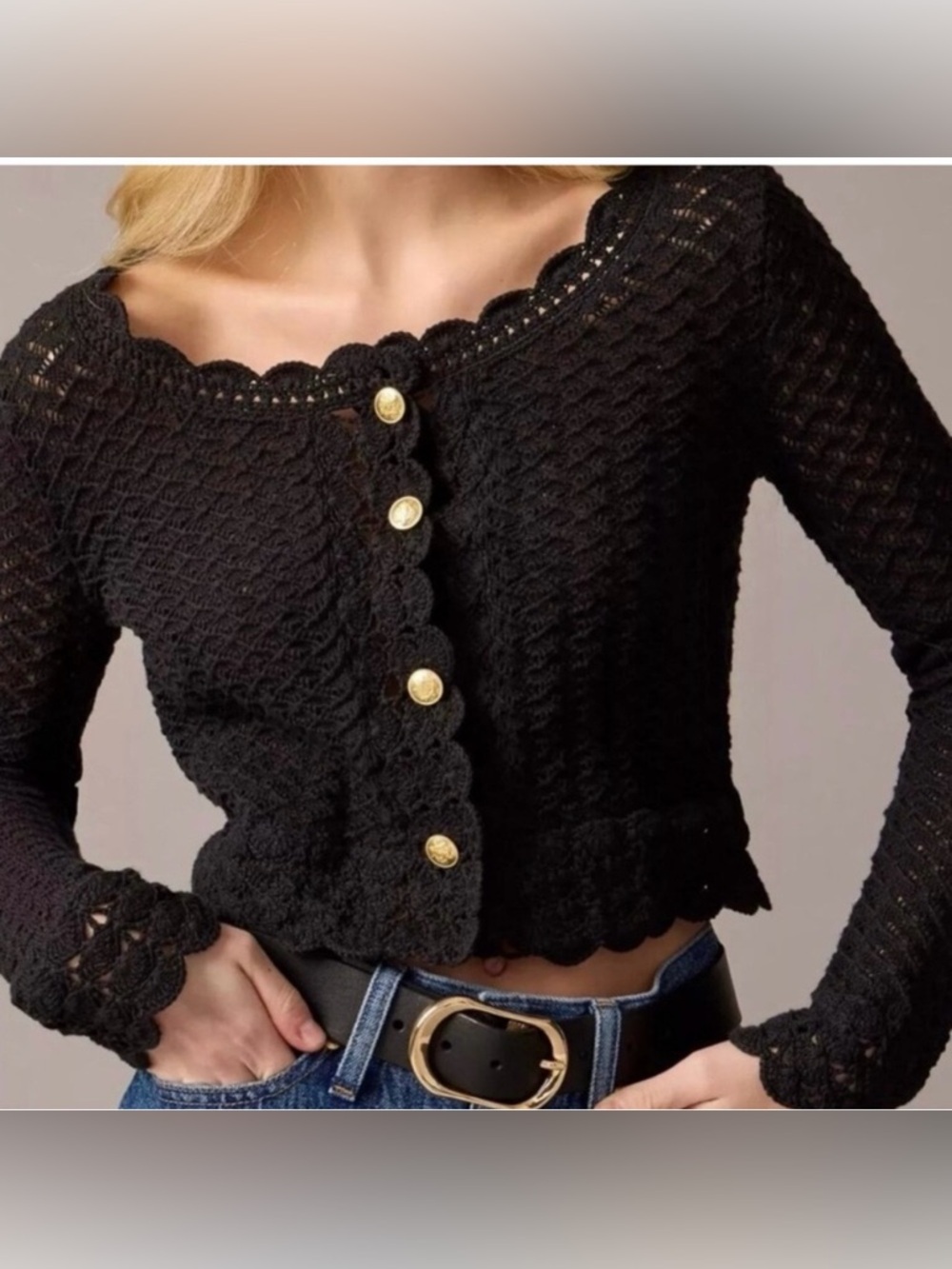 J. Crew Collection Black Crochet Cardigan Sweater Scallop Trim
Open Knit Crop M